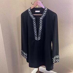 Tory Burch Navy V-Neck Embroidered Tunic - Size 16